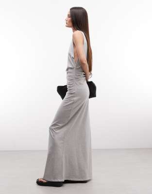 Robe longue à emmanchures larges et détails froncés - Gris chiné L