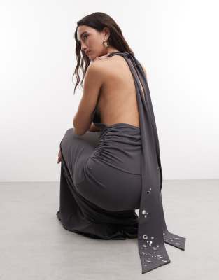 Robe longue à taille basse et dos nu avec détail foulard - Gris foncé XL