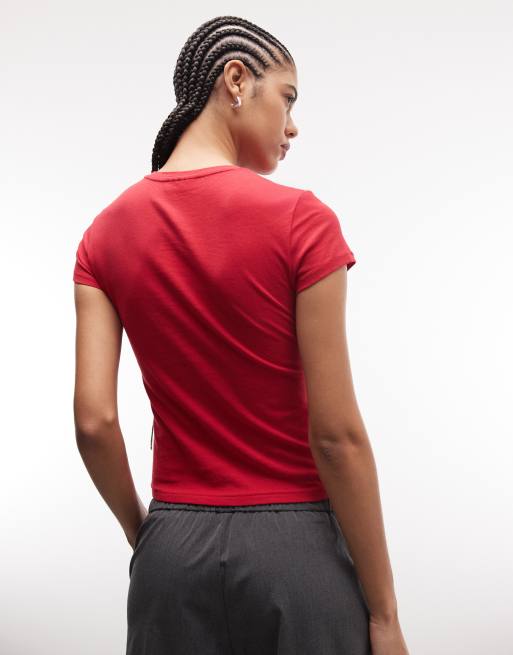 Weekday – Röd, liten t-shirt i 90-talsstil med texttryck, 4 av 4