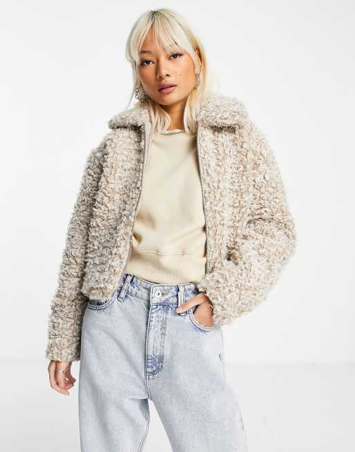 Weekday Roger cotton faux fur collared jacket in beige BEIGE