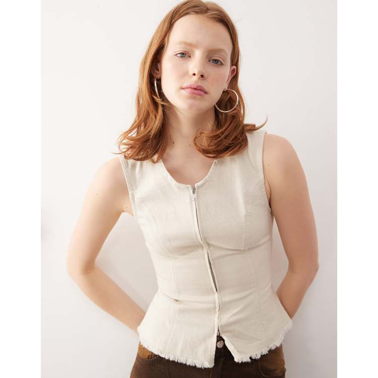 Weekday Romy linen look zip up vest top with raw hem detail in