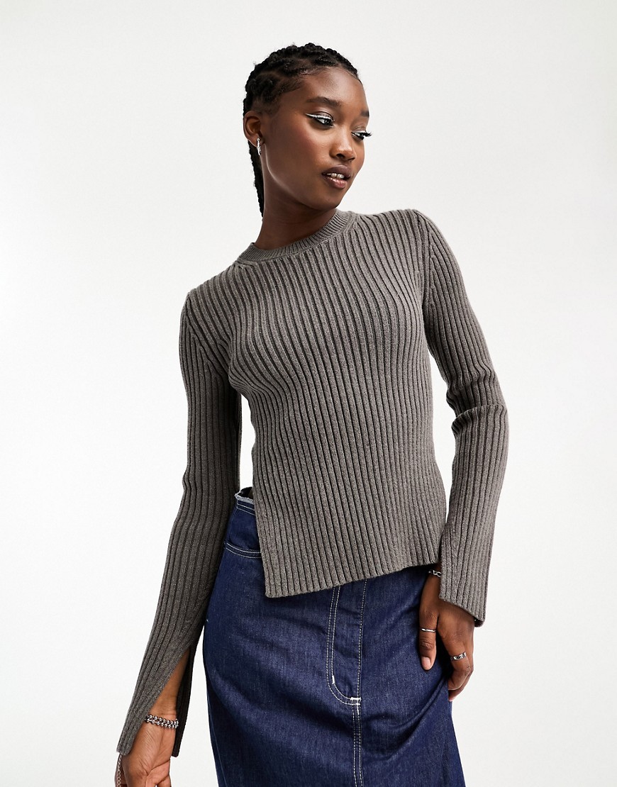 Weekday Rora ribbed knitted jumper with side splits in dark grey melange