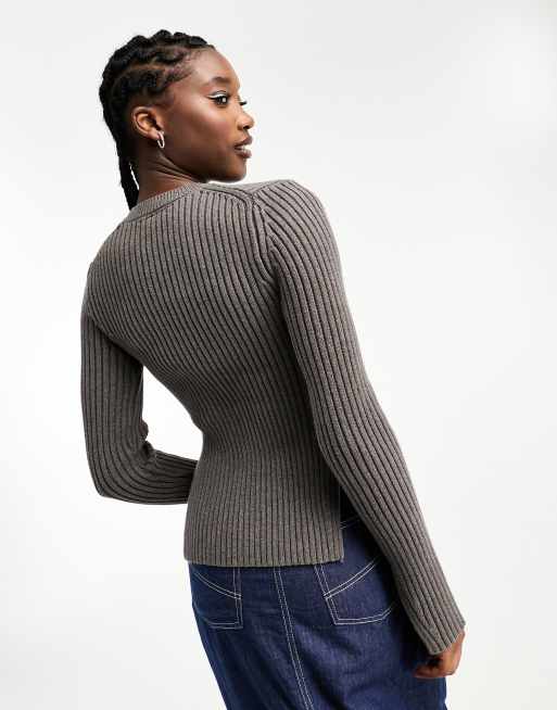 Weekday Rora ribbed knitted jumper with side splits in dark grey melange