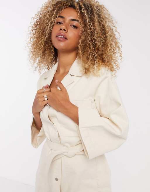 Weekday Ross organic cotton belted button-through denim dress in ecru | ASOS