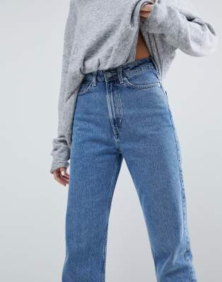 weekday row high waist jeans in win blue in organic cotton