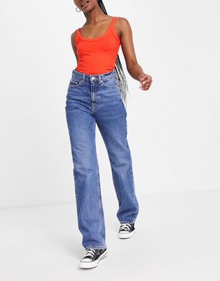Weekday Rowe cotton super high waist straight leg jeans in mid wash blue - MBLUE - ASOS Price Checker