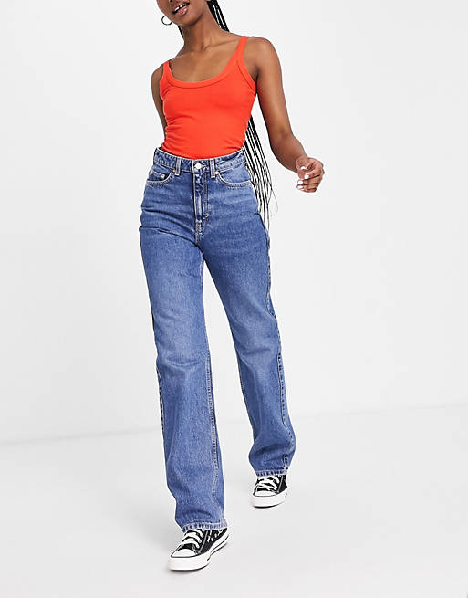 Weekday Rowe cotton super high-waist straight leg jeans in mid wash blue - MBLUE