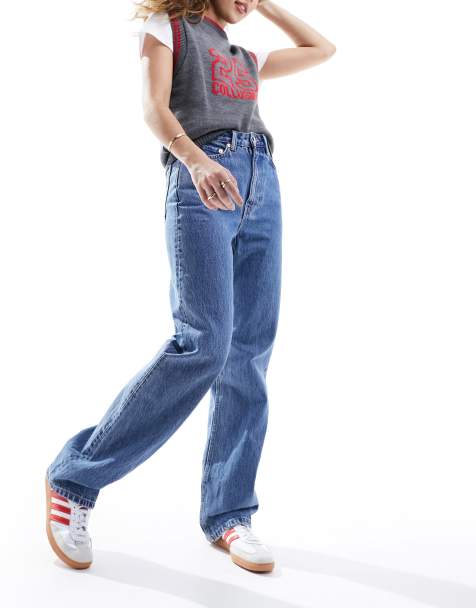 Weekday Rowe extra high waist regular fit straight leg jeans in 90s blue - view 1
