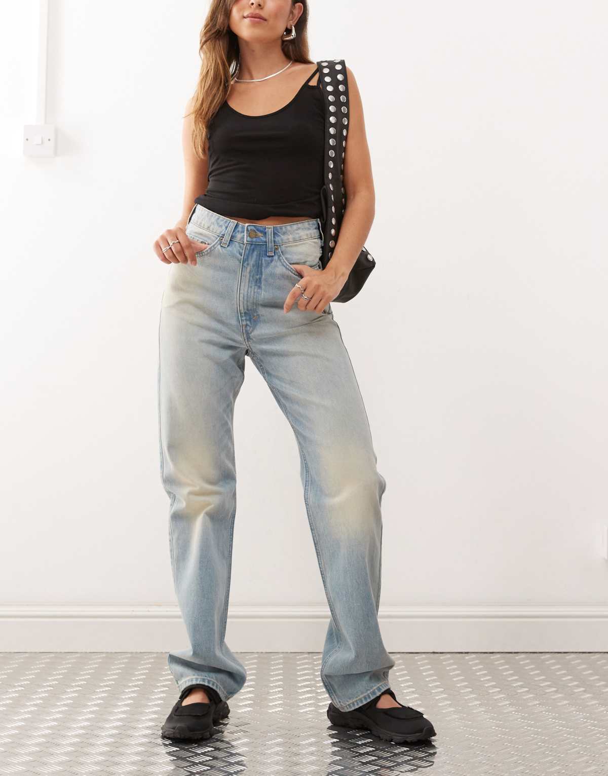 Weekday Rowe extra high waist straight leg jeans in blue with vintage worn wash