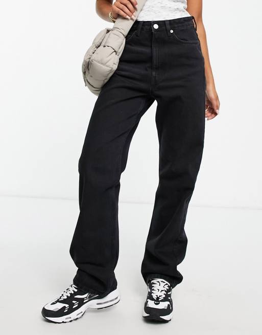 Weekday Rowe Extra high waist straight leg jeans in echo black | ASOS