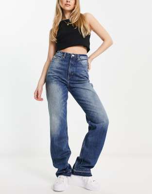 Weekday Rowe extra high waist straight leg jeans in vintage blue