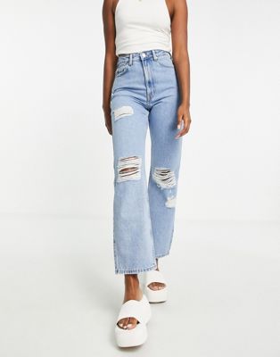 Weekday Rowe extra high waist straight leg jeans in trash blue - ASOS Price Checker