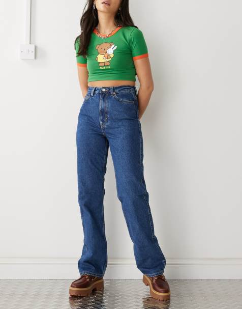 Weekday Rowe extra high waist regular fit straight leg jeans in nobel blue 