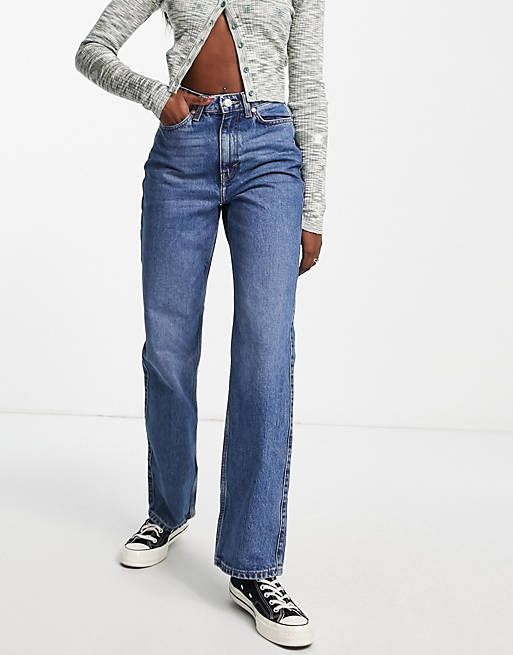  Weekday Rowe organic cotton blend high waist straight leg jeans in deep blue 
