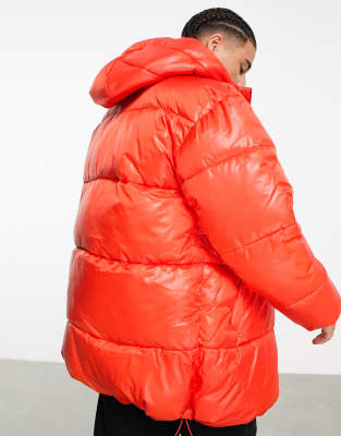 red oversized puffer coat