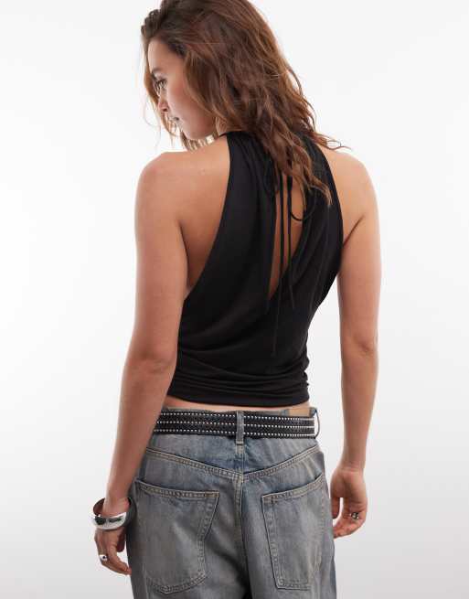 Weekday ruched halter neck top with open back in black, 4 of 4