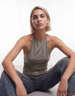 Weekday Ruched Halter Neck Top With Open Back In Gray