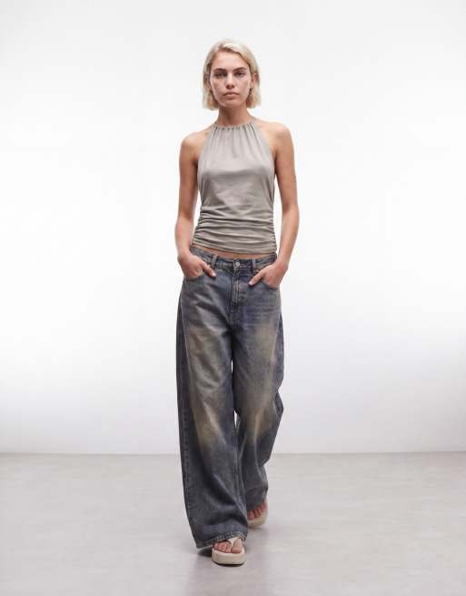 Weekday ruched halter neck top with open back in light khaki, 2 of 4