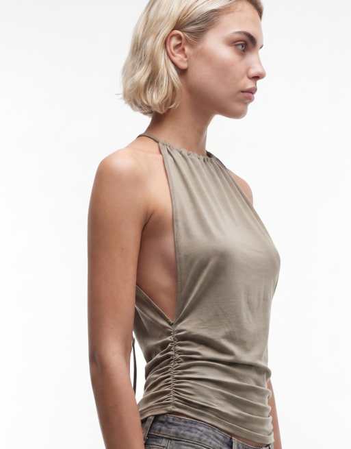 Weekday ruched halter neck top with open back in light khaki, 3 of 4