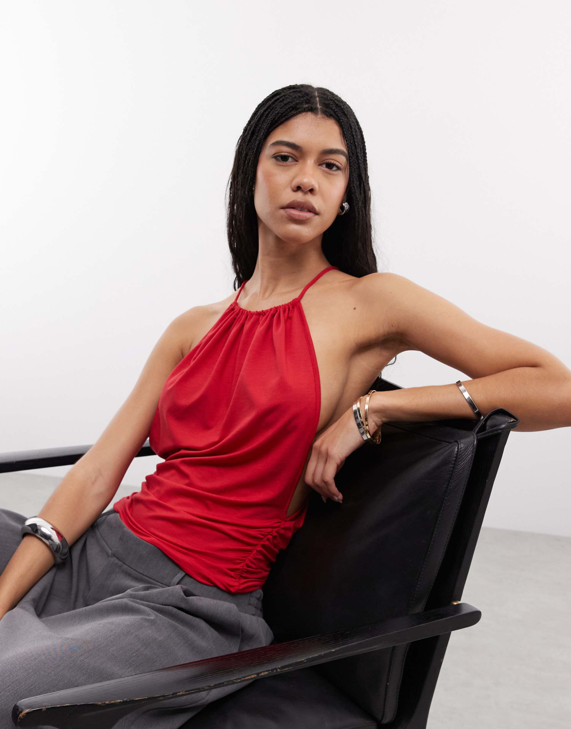 weekday ruched halter neck top with open back in red