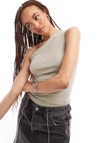Weekday ruched one shoulder top in mole - view 1