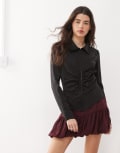 [Weekday] Weekday ruched satin shirt in black 38 Black