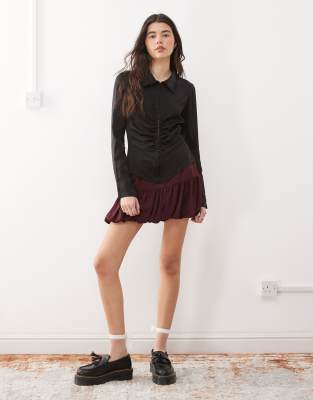 Weekday Ruched Satin Shirt In Black
