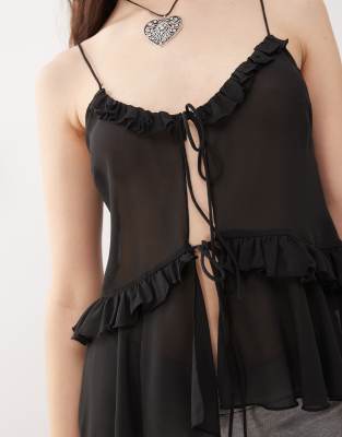 weekday ruffle tie front cami top in black