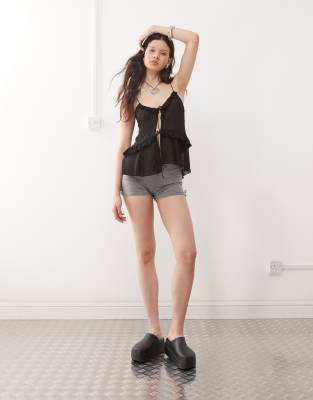 weekday ruffle tie front cami top in black
