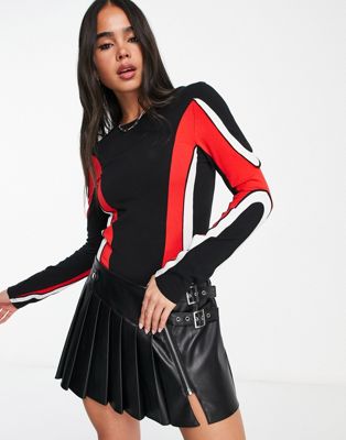 Weekday Rush long sleeve top with red stripe in black
