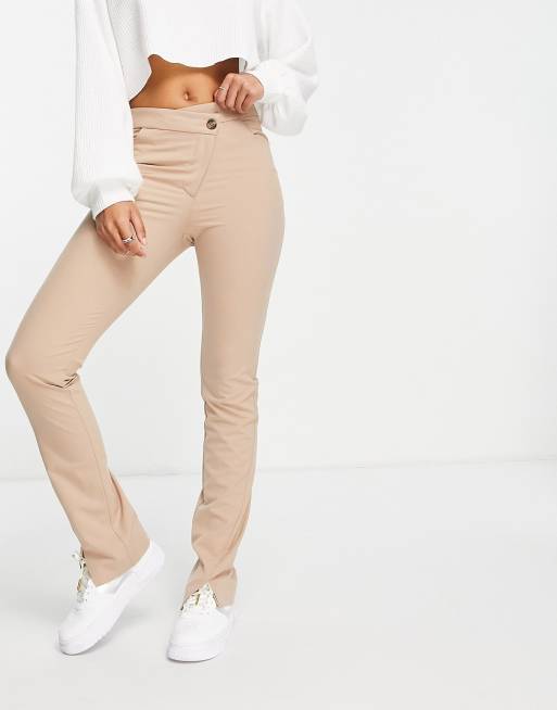 Weekday Salena cotton pants with slit hem and cross over fly in mole - BEIGE