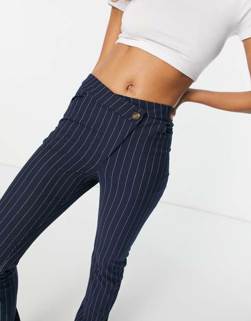 Weekday Salena pants with slit hem and crossover fly in navy pinstripe, 3 of 4