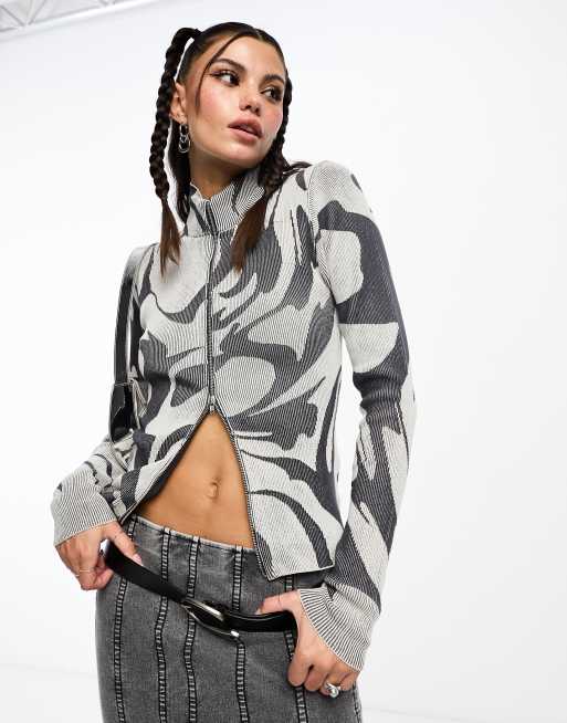 Weekday Sarah high neck zip up cardigan with jacquard design in gray