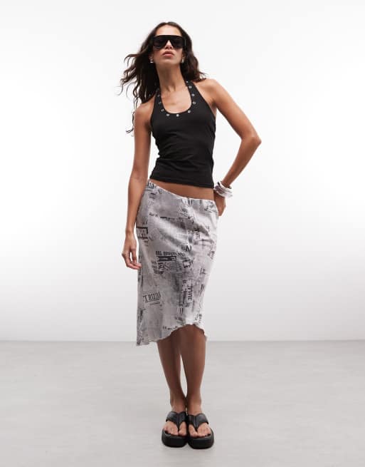 Weekday satijnen asymmetrische rok met krantengrafische print, 5 van 5