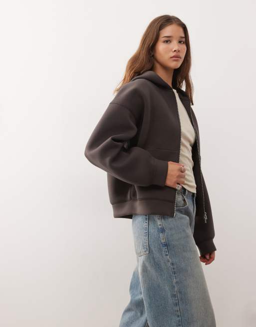 Weekday - Scarlet - Brun oversized hættetrøje med gennemgående lynlås i stof i scuba-stil