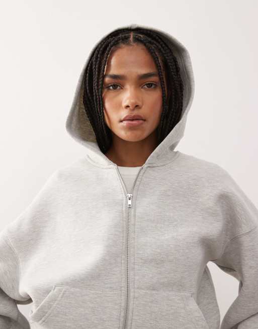 Weekday - Scarlet - Felpa oversize grigio mélange con cappuccio e zip in tessuto effetto scuba, 2 di 4