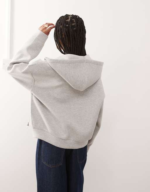 Weekday - Scarlet - Felpa oversize grigio mélange con cappuccio e zip in tessuto effetto scuba, 4 di 4