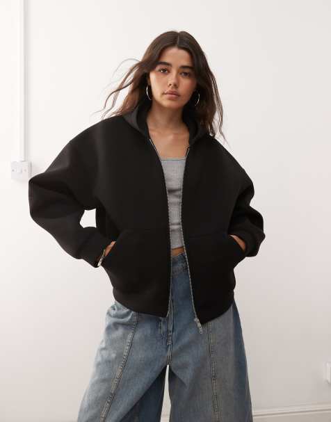 Weekday - Scarlet - Felpa oversize in tessuto effetto scuba nera con cappuccio e zip - view 1