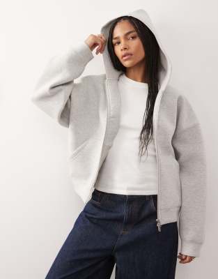 Weekday - Scarlet - Oversize-Kapuzenjacke aus neoprenartigem Material in Grau meliert mit durchgehendem Reißverschluss