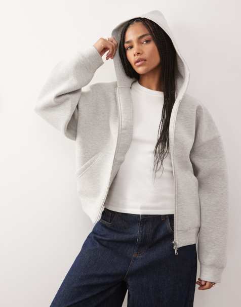 Weekday – Scarlet – Oversize-Kapuzenjacke aus neoprenartigem Material in Grau meliert mit durchgehendem Reißverschluss - view 1