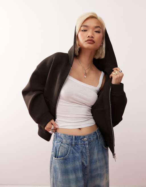 Weekday Scarlet oversized scuba zip up hoodie in brown