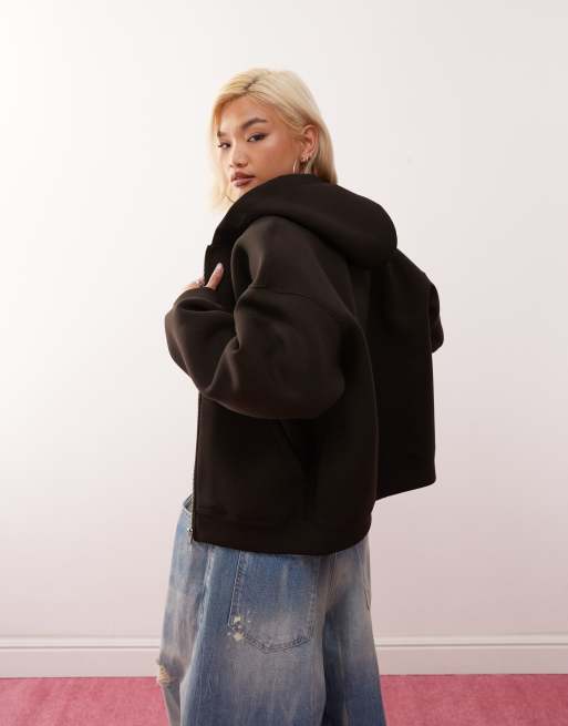 Weekday Scarlet oversized scuba zip up hoodie in brown