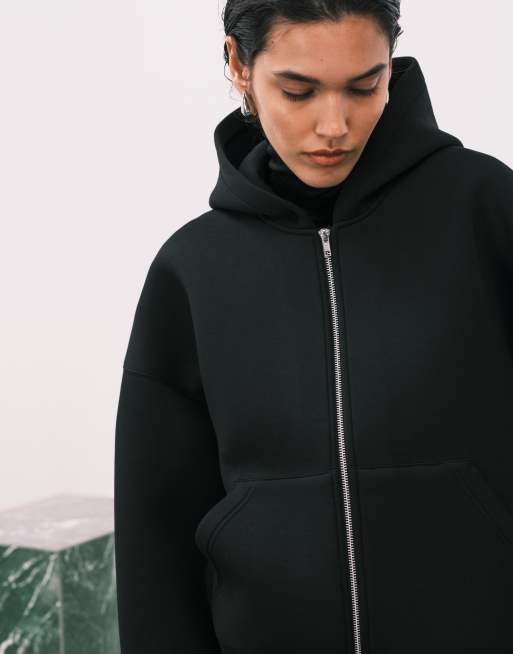 Weekday Scarlet oversized zip through hoodie in black in scuba-style fabric, 3 of 4