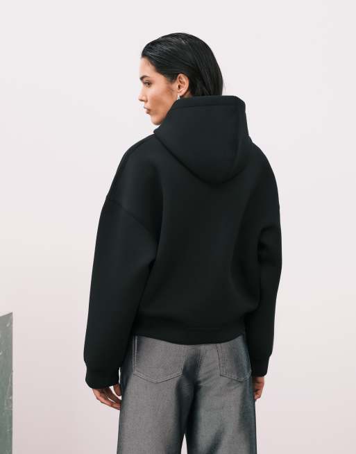 Weekday Scarlet oversized zip through hoodie in black in scuba-style fabric, 4 of 4