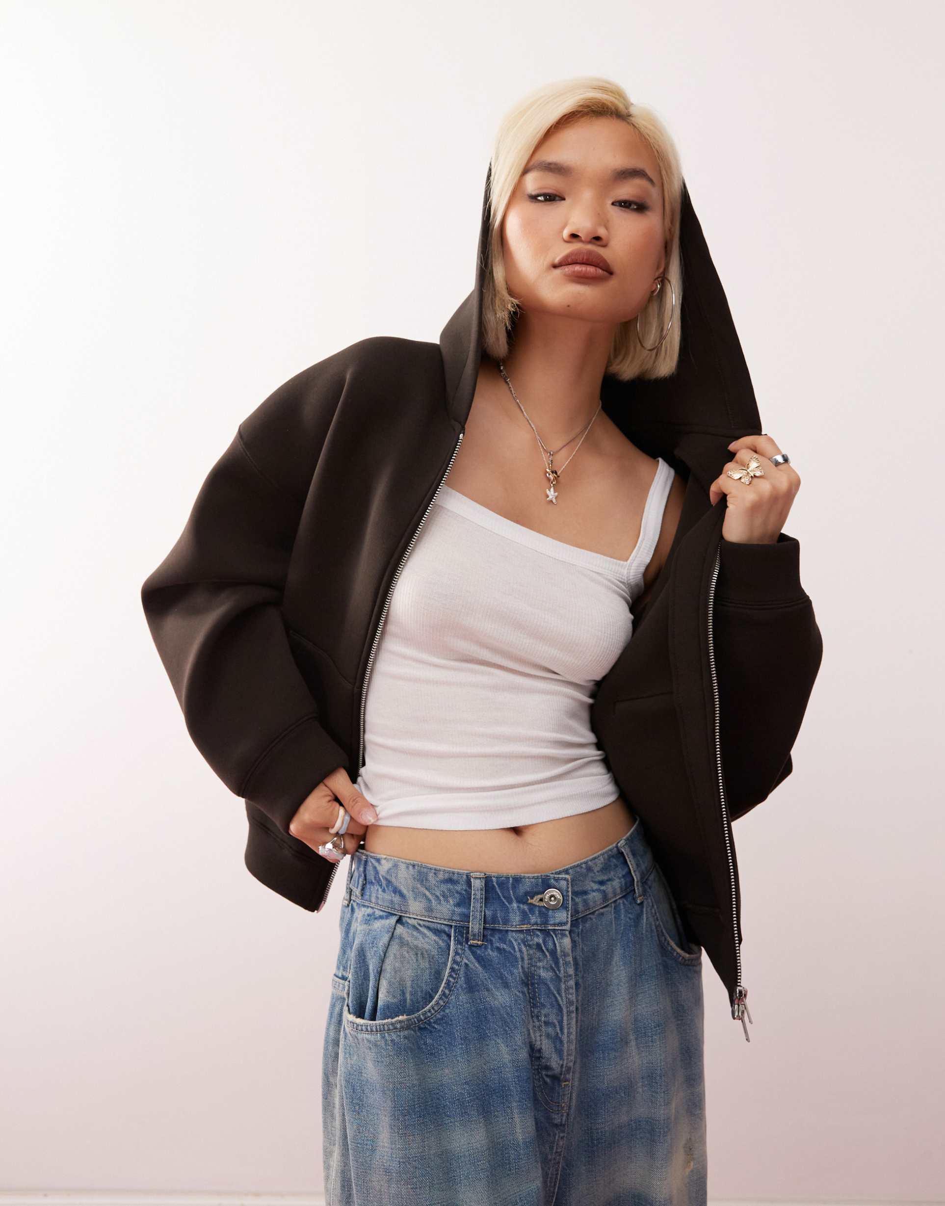 weekday scarlet oversized zip up hoodie in brown in scuba-style fabric