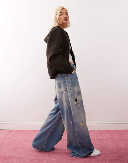 Weekday Scarlet oversized scuba zip up hoodie in brown