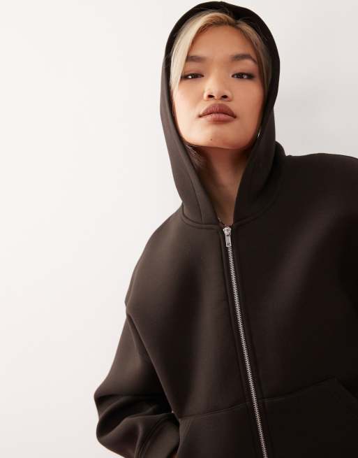 Weekday Scarlet oversized zip up hoodie in brown in scuba-style