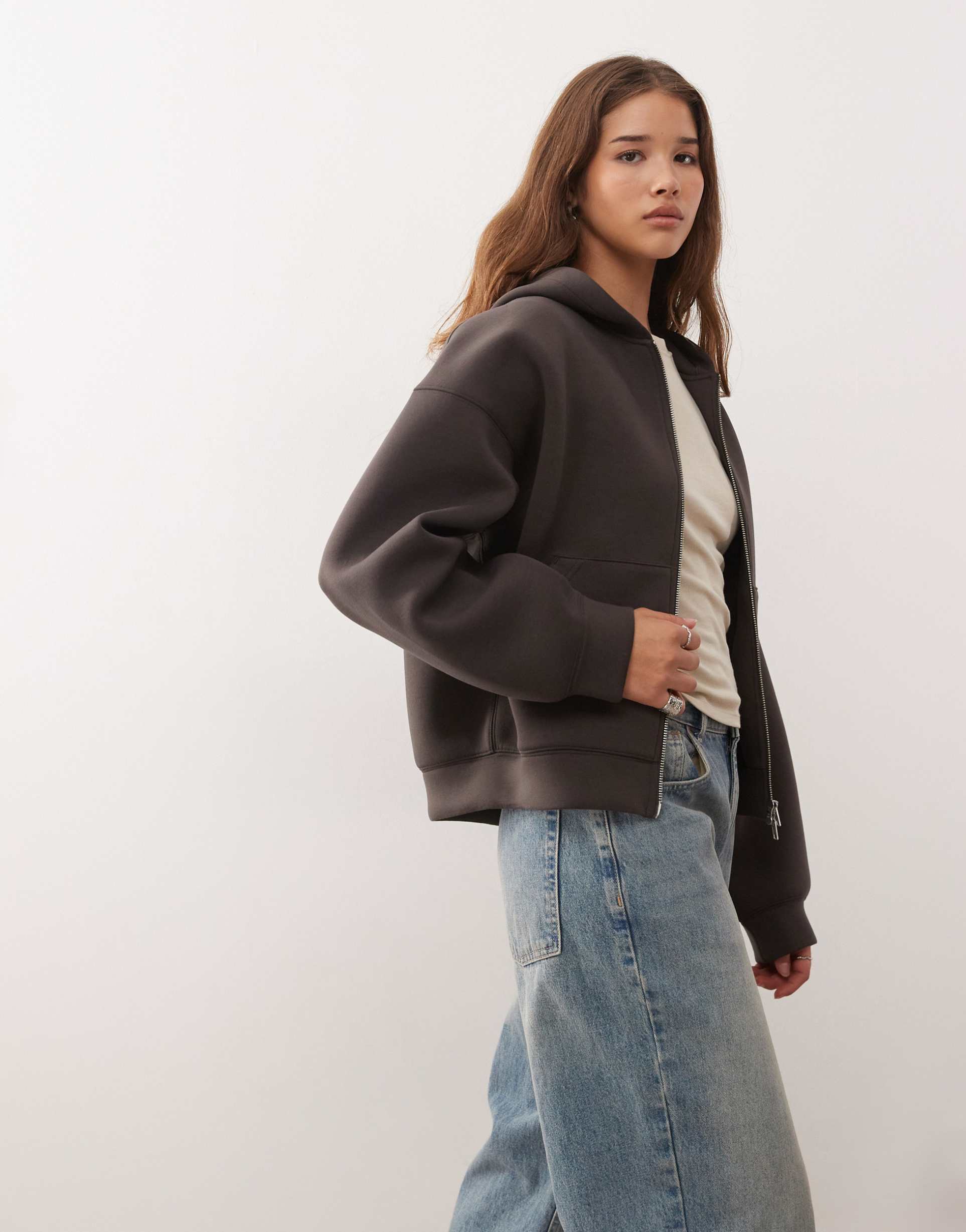 weekday scarlet oversized zip up hoodie in brown in scuba-style fabric