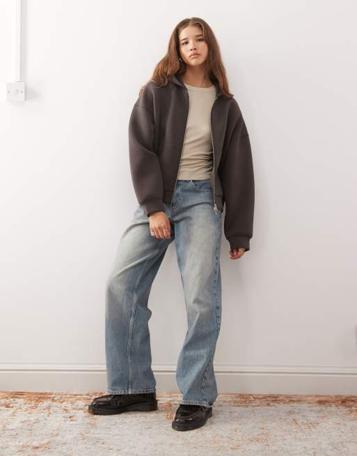 Weekday Scarlet oversized zip up hoodie in brown in scuba-style