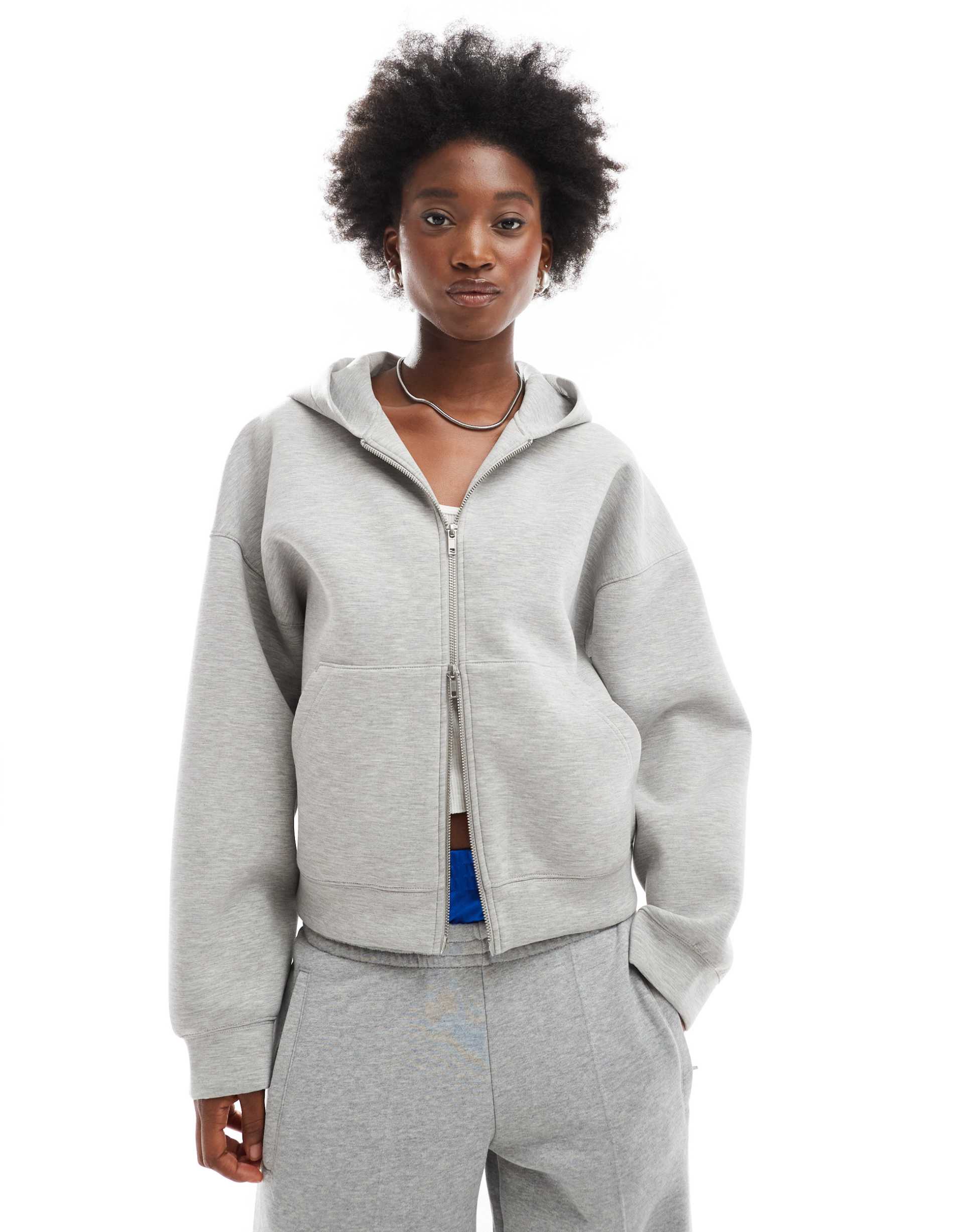 weekday scarlet oversized zip up hoodie in heather gray scuba-style fabric